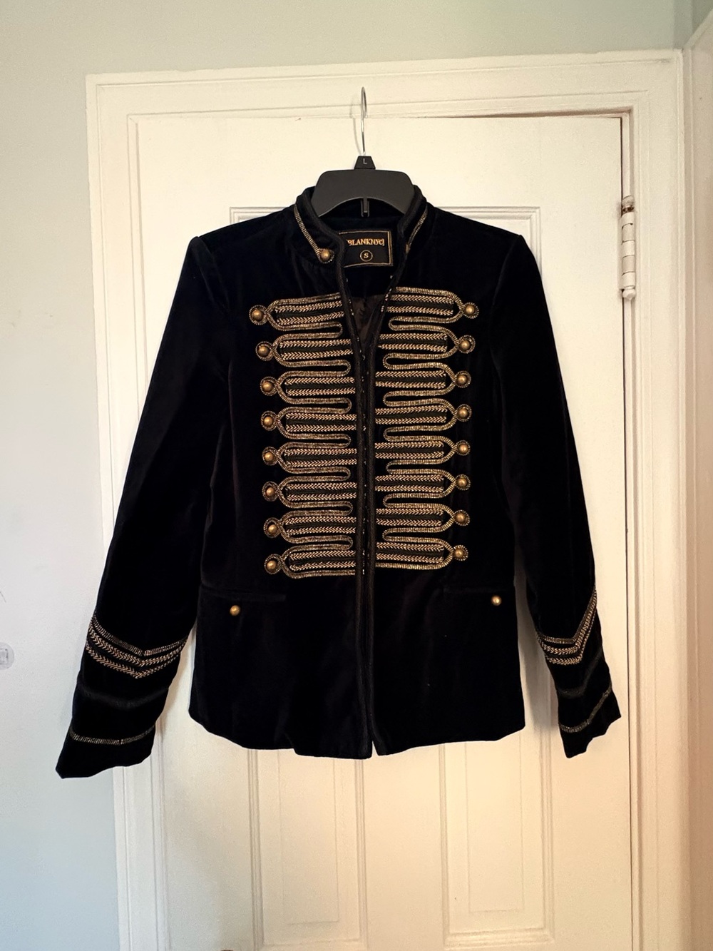 Blank NYC Black Velvet Military-Inspired Blazer with Gold Trim